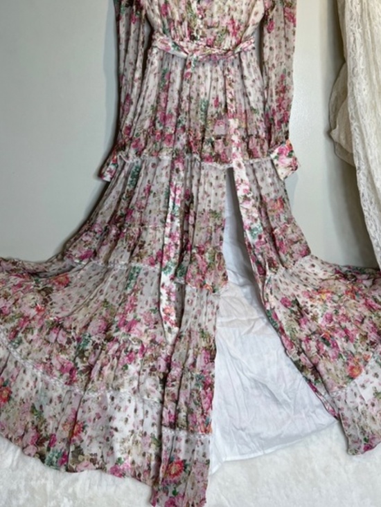 RARE Rococo Sand White Pink Floral Maxi Gown - Gold Mirror Embroidery - NWOT - Picture 4 of 7